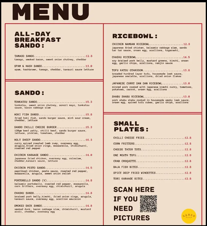 Sando (Lorong Chuan) Menu